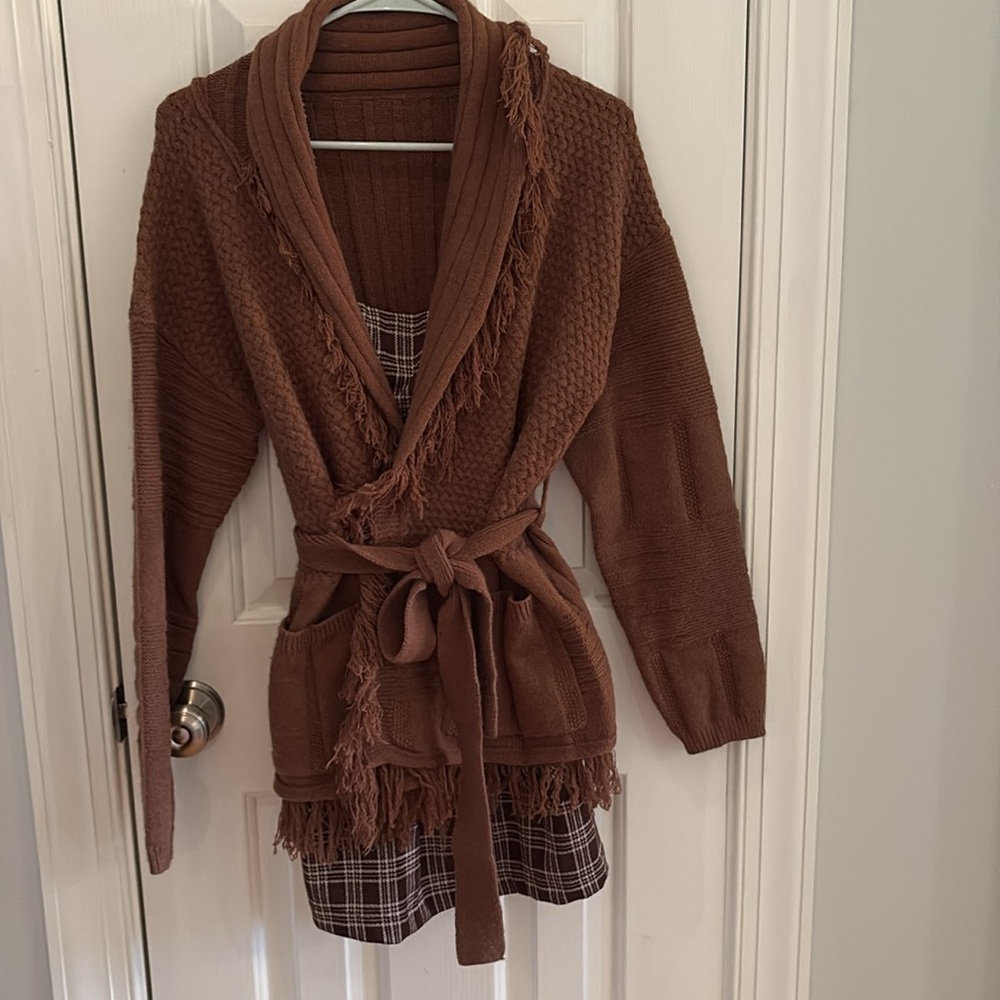 Cider Brown Knit Cardigan with Belt, S - Picture 5 of 6